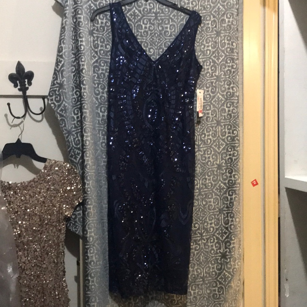 *Nicole Miller Navy sequin midi double v s2 NAVY - Picture 4 of 6